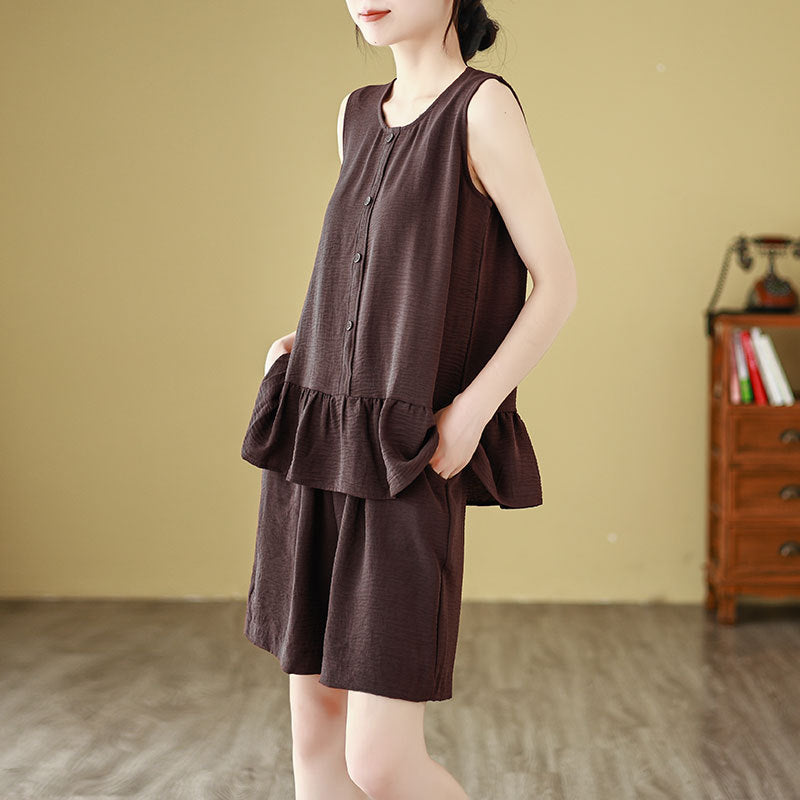 2025 summer new hem ruffle edge sleeveless loose top vest + shorts casual suit women's clothing
