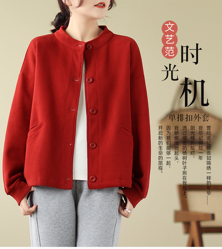 Real shot 2025 autumn new casual large size loose solid color stand-up neck cardigan long-sleeved jacket women's clothing #8353