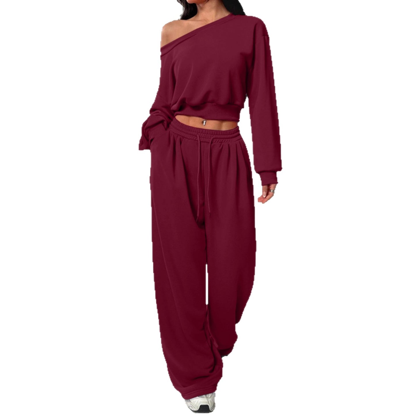 Spot European and American casual suit solid color sweater women's one-word collar off-shoulder loose knitted short long-sleeved suit