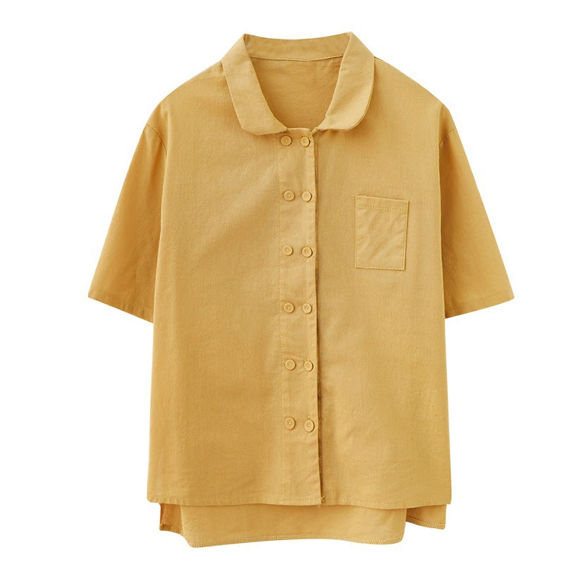 Summer 2024 new literary loose solid color single-breasted retro short-sleeved shirt top women