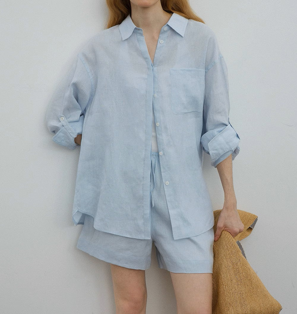 COUNTOME Slack Summer/Lazy Casual Style Full Linen Roll Shirt/Shorts Sunscreen Set
