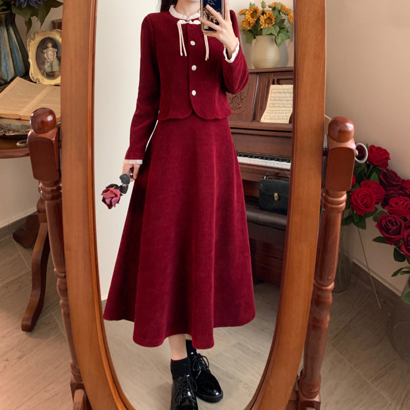 Large size French small fragrant style red corduroy fashion suit skirt women's autumn and winter temperament thin skirt two-piece set