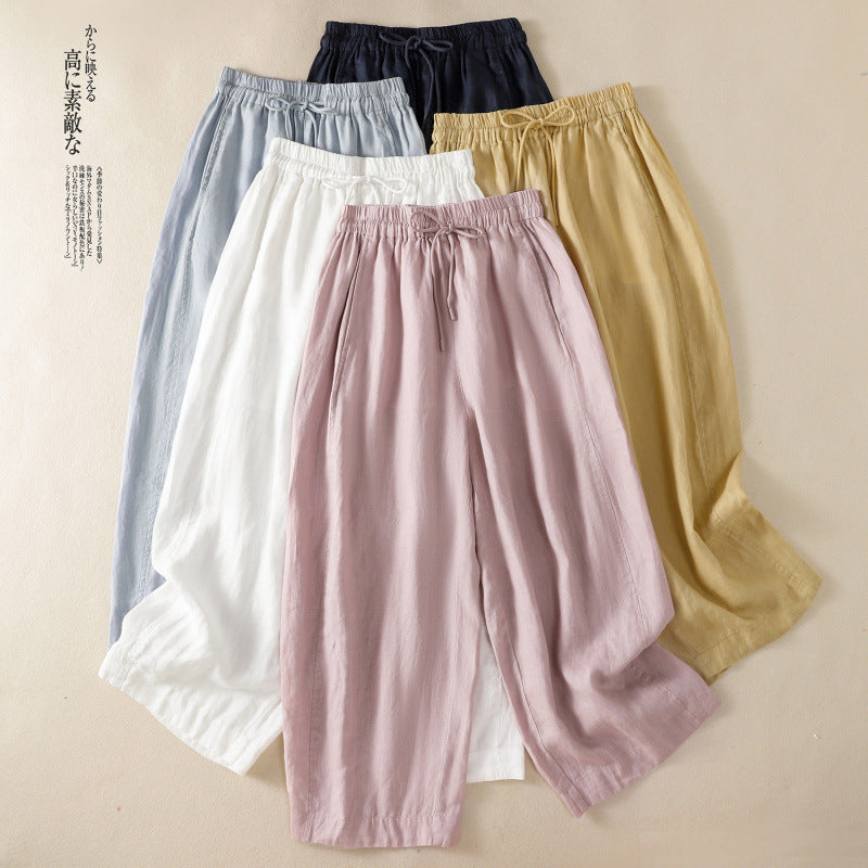 Real shot 2025 summer cotton and linen scimitar pants lace-up loose casual and thin literary pants women