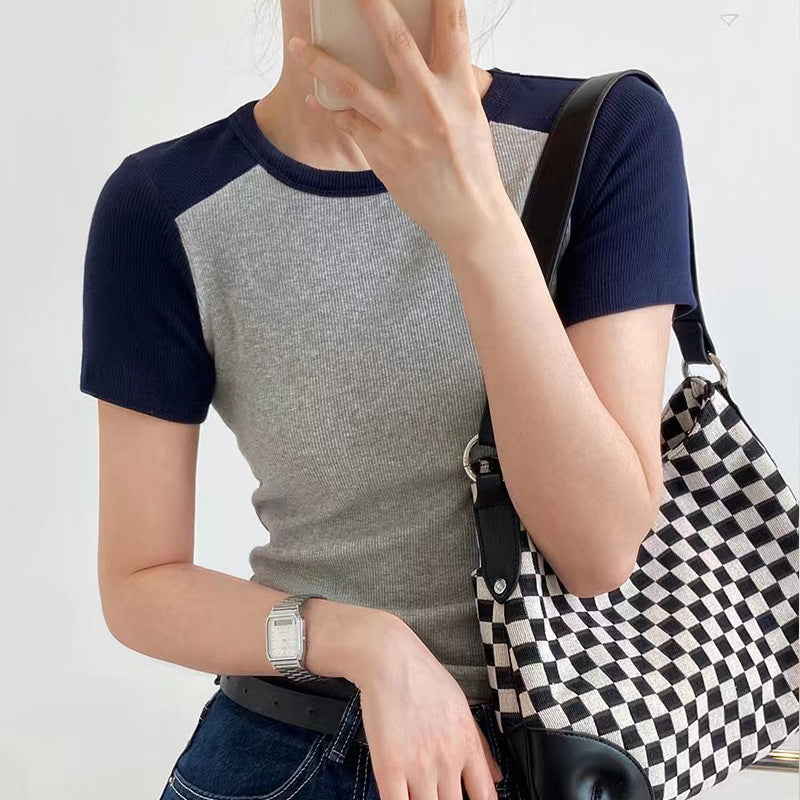 Excellent cotton splicing short-sleeved T-shirt women's summer foreign style design sense 2026 new slim-fitting and thin versatile bottoming shirt top