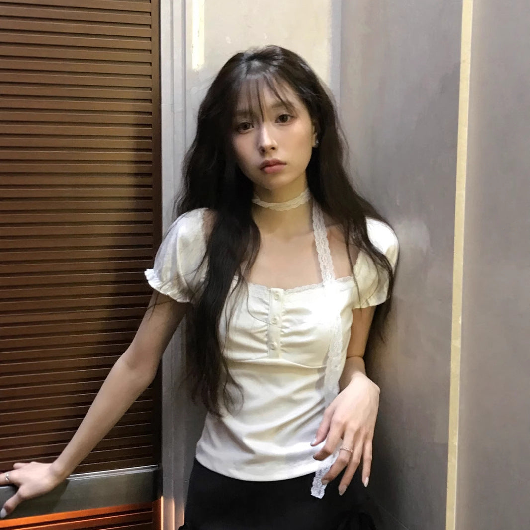 Korean pure desire girl age reduction irregular lace splicing short-sleeved T-shirt scarf design bubble sleeve slim top