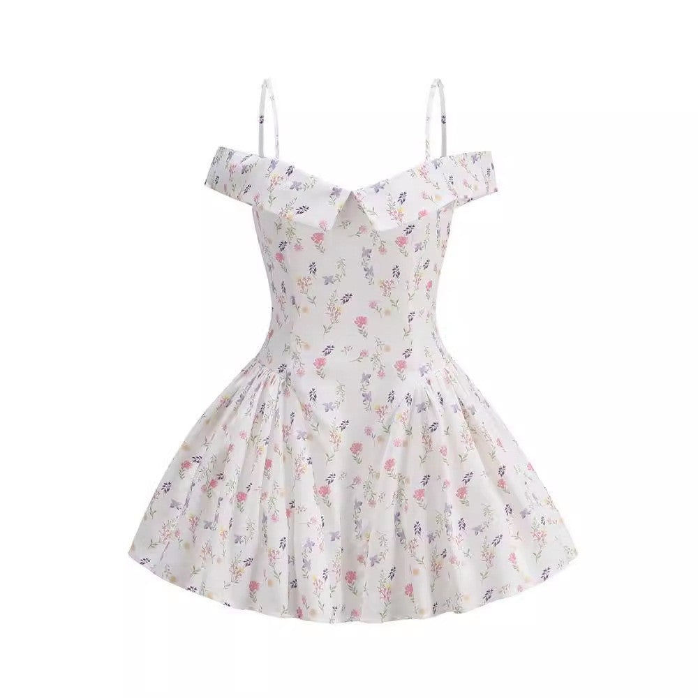 Summer fashion short sexy one-word shoulder suspender dress short-sleeved printed puff dress high waist and thin