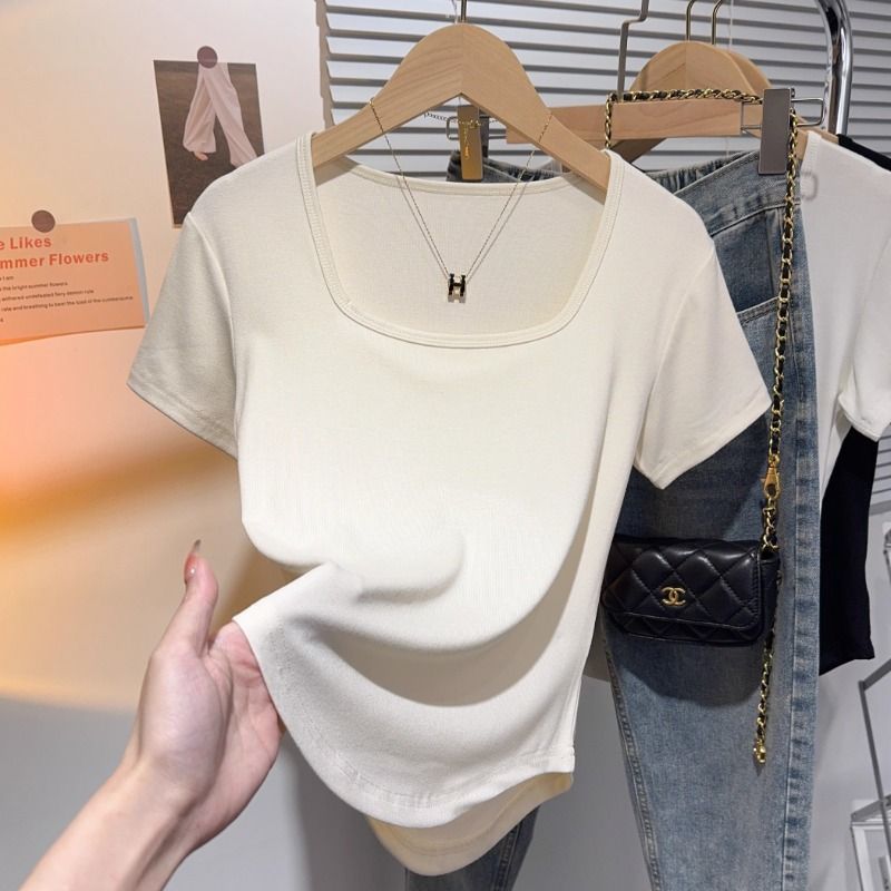 White square neck front shoulder short sleeve T-shirt women's 2025 waist fold pure desire style slim fit Spice girl slim summer top