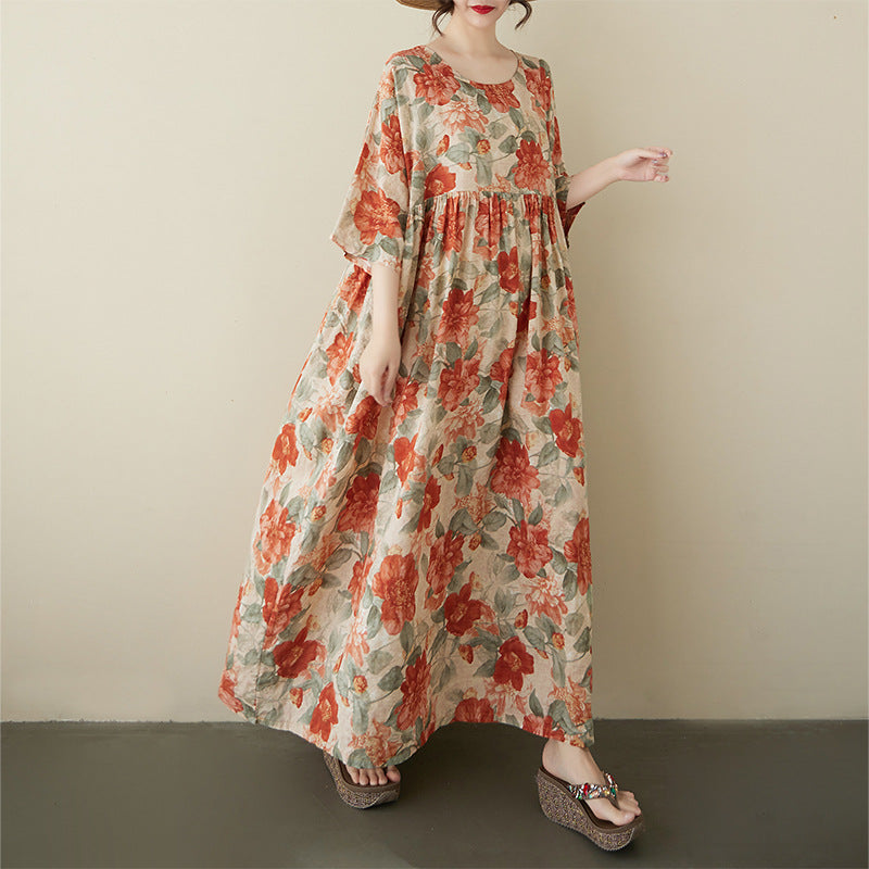 2025 summer new cotton and linen large size literary and retro round neck short sleeve loose foreign trade dress women's clothing