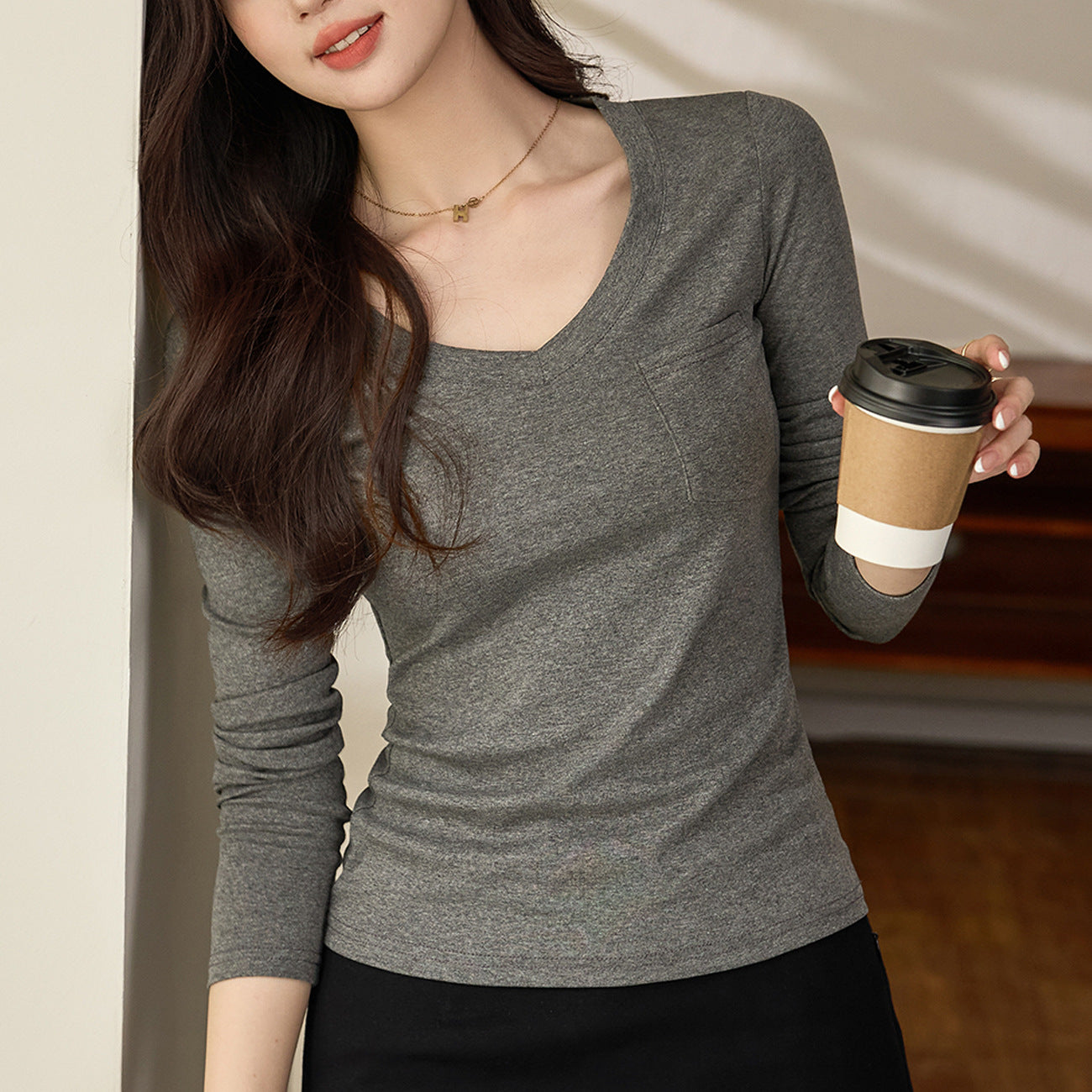 #Selection of pure cotton #Premium sense V-neck bottoming shirt women's long-sleeved t-shirt 2026 autumn new slim-fitting and thin top