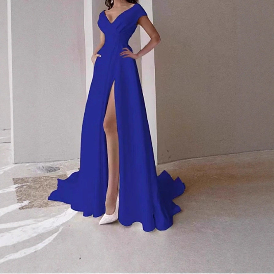 2025 spring and summer cross-border chest wrap V-neck ruffle edge mid-waist solid color temperament commuter dress evening dress