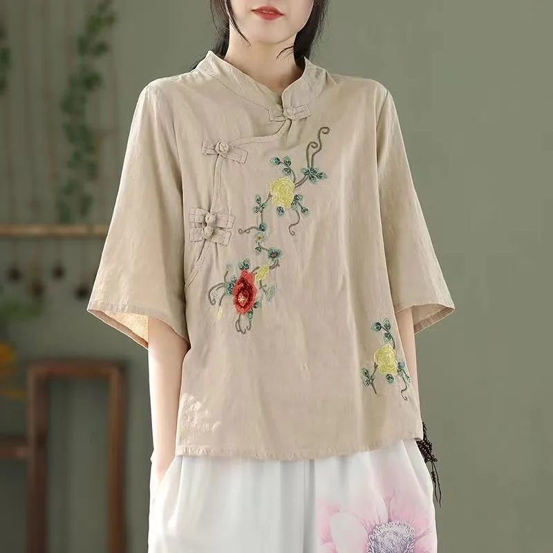 Ethnic style large size stand-up collar diagonal placket embroidered retro buckle solid color pullover medium sleeve cotton and linen short top women's summer wear