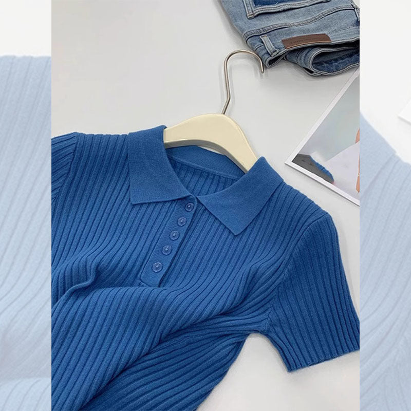 This year's popular polo collar blue knitted short-sleeved T-shirt women's 2025 new slim slim and slim foreign age-reducing top