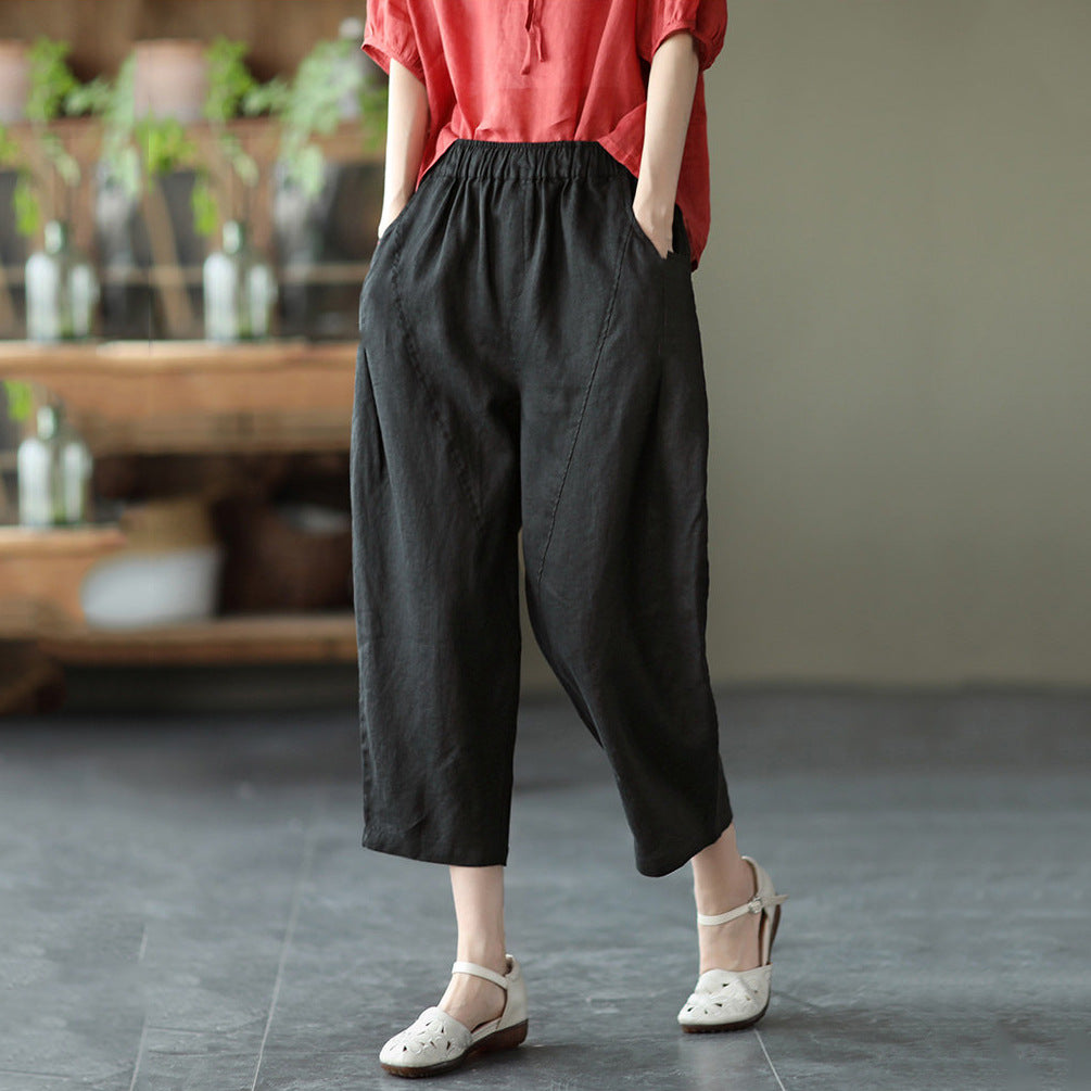 2025 summer new literary loose splicing solid color cotton and linen elastic waist Harlan pants nine-point pants women's pants #1237 #