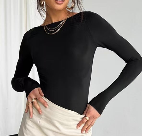 Amazon European and American cross-border 2025 spring and autumn women's clothing solid color round neck slim-fitting bottoming shirt long-sleeved T-shirt European and American style