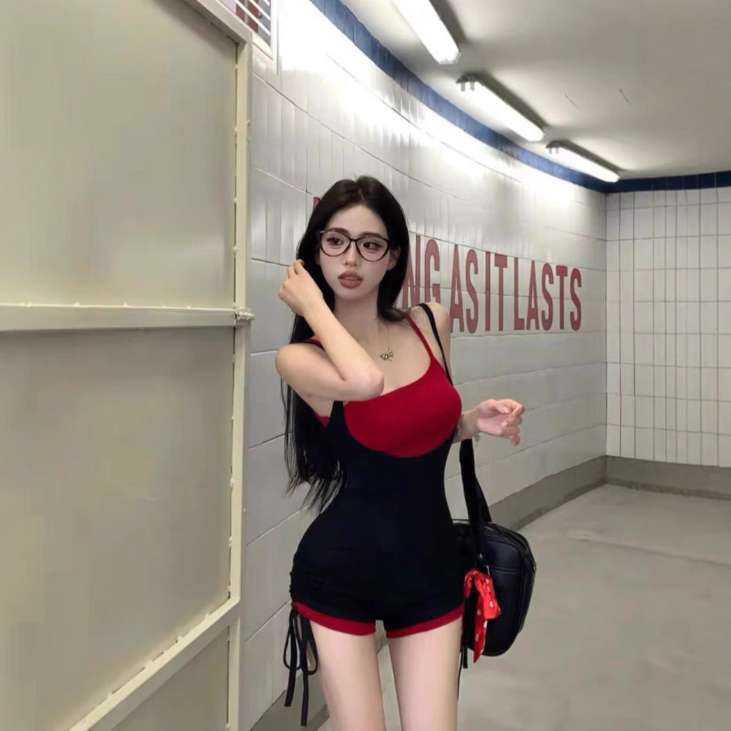 Amazon fake two-piece contrasting suspender jumpsuit summer tight babes pants design high-waisted jumpsuit shorts women