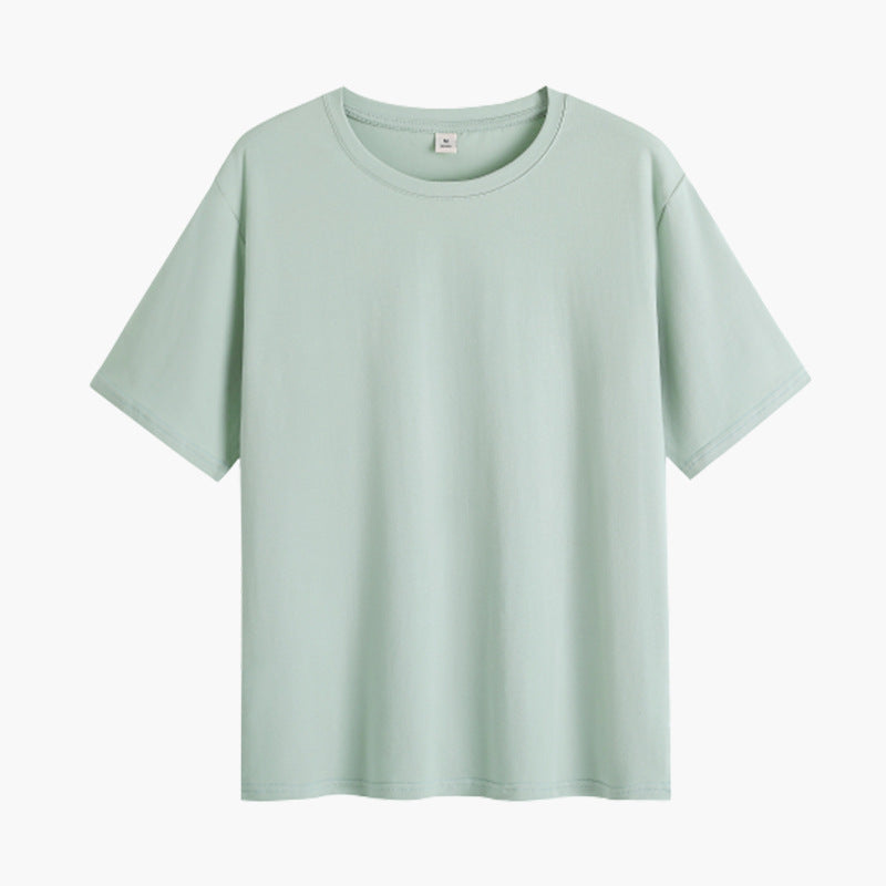 pure cotton loose short-sleeved t-shirt women's meat cover summer solid color summer design sense half-sleeve blue front shoulder thin summer wear