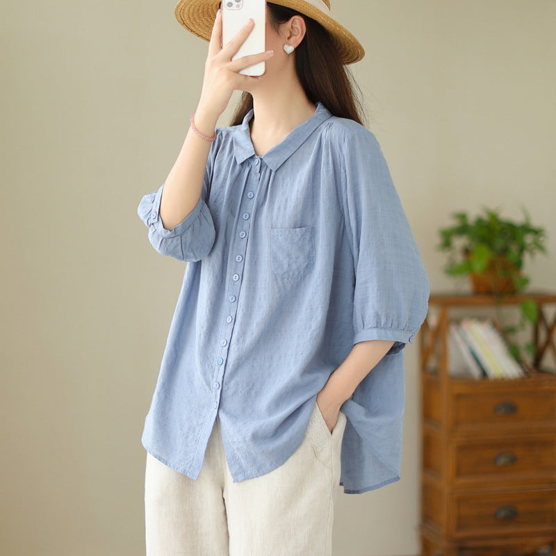 Real shot 2025 summer new large size solid color four-eye buckle retro literary loose and thin shirt top women