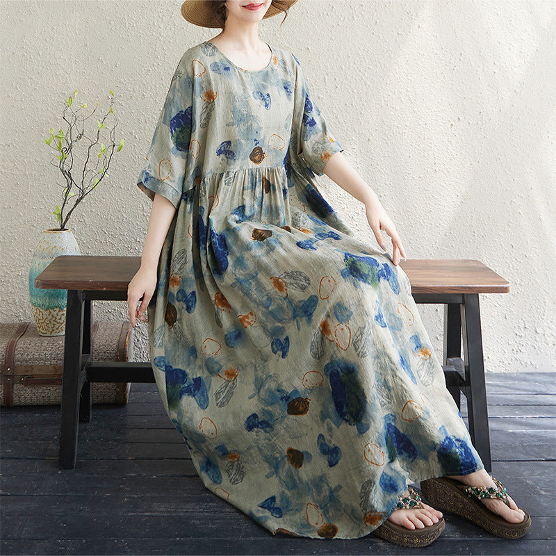 Real shot 2025 summer thin cotton and linen fat mm round neck short-sleeved vacation style loose and simple bohemian swing skirt