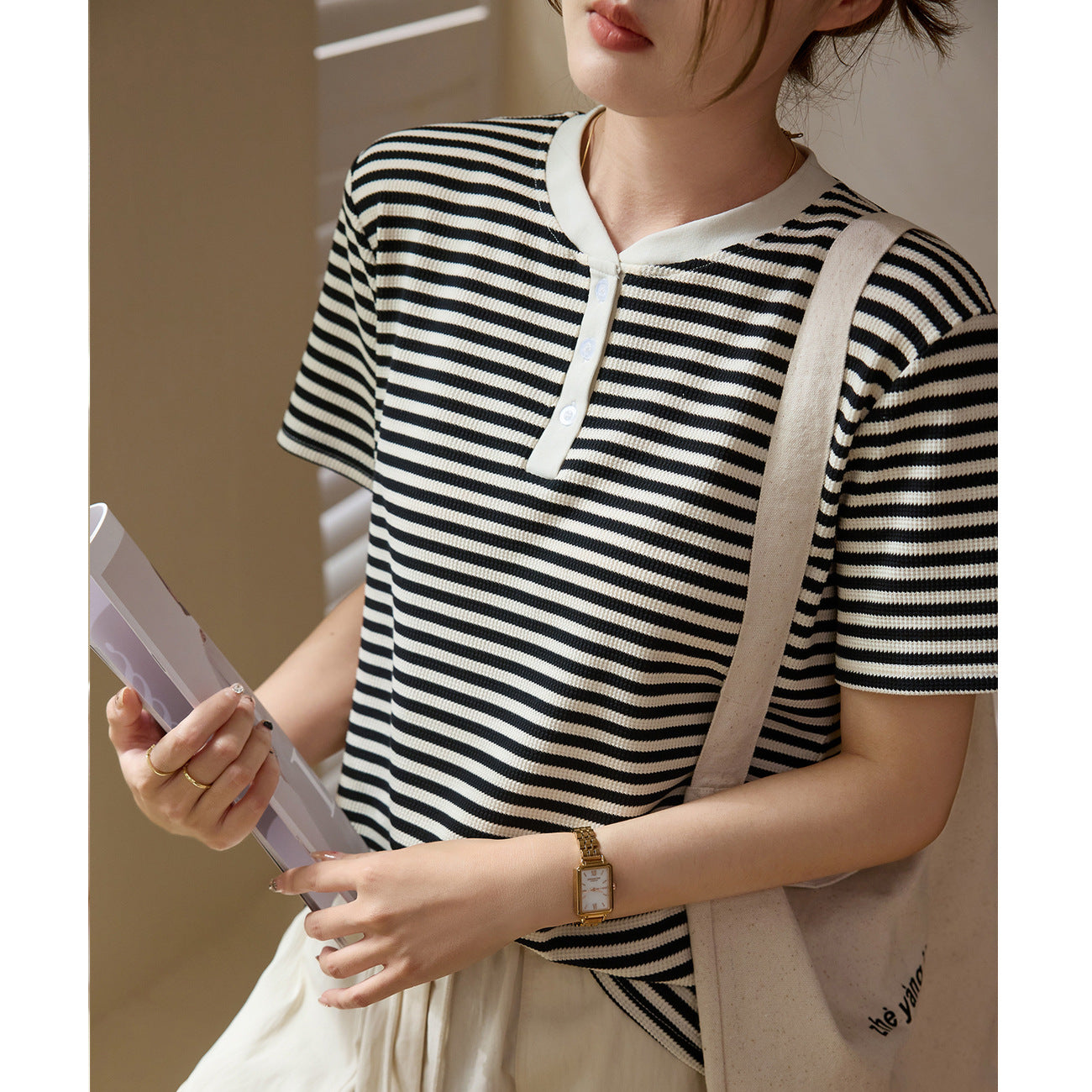 [High quality] Striped T-shirt women's summer wear 2026 new loose straight button pure cotton short-sleeved body shirt
