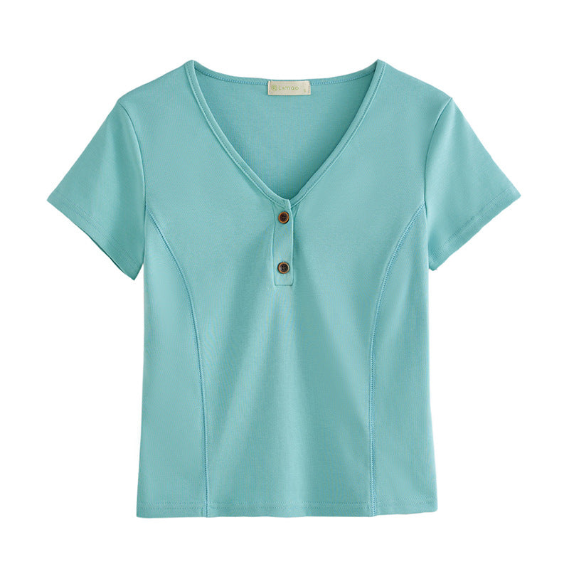 #Combed pure cotton #Premium design sense V-neck short-sleeved T-shirt women's summer 2026 new retro button-up front shoulder top