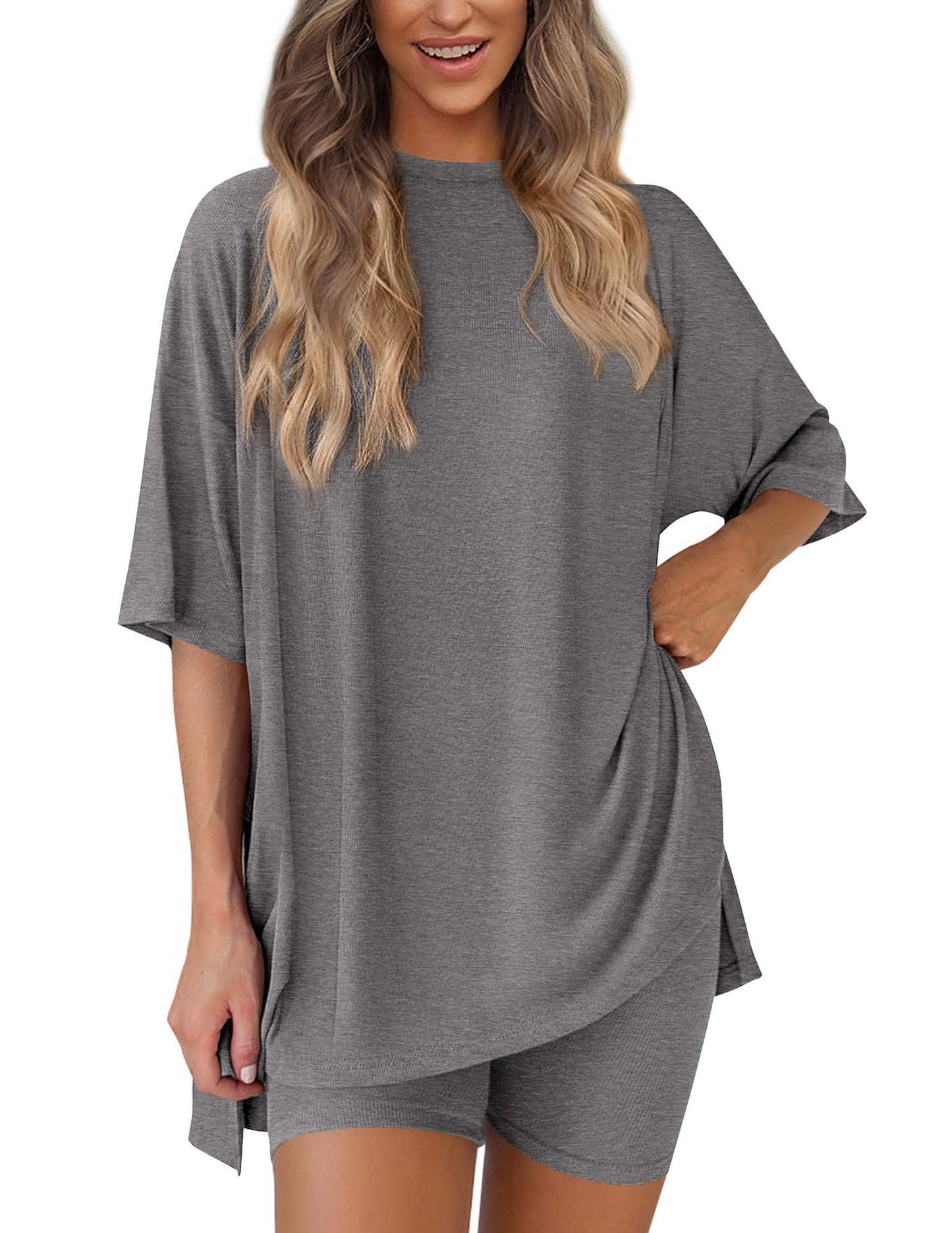2025 summer new cross-border Europe, America, Amazon foreign trade fashion casual solid color loose women's pajama set