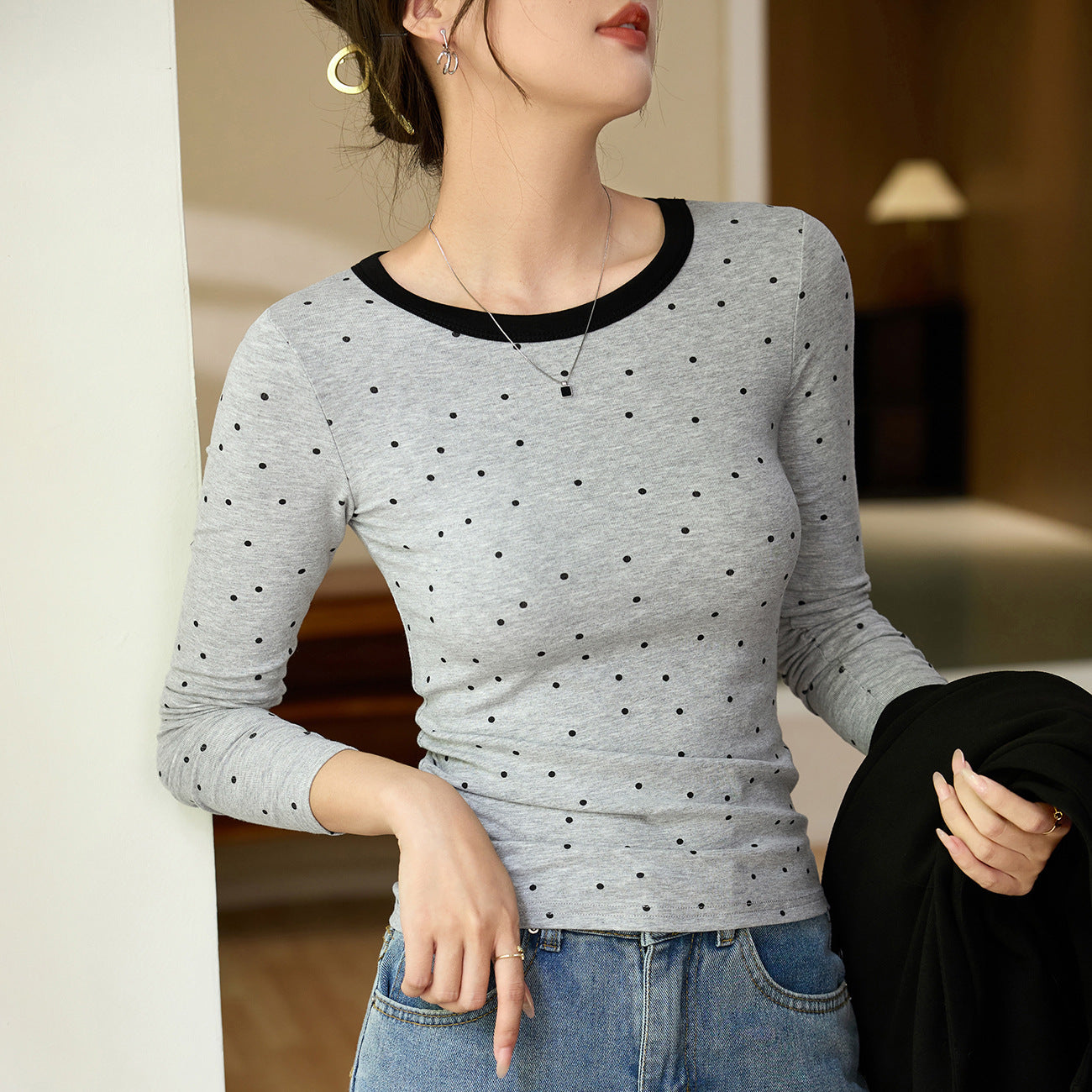 #Quality to do high-quality #age-reducing playful polka dot T-shirt women's long-sleeved 2026 autumn clothing new contrasting color slim-fitting bottoming shirt