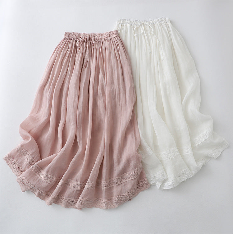 Real shot 2025 summer new literary loose solid color elastic waist skirt women's medium and long A-shaped skirt #791 #