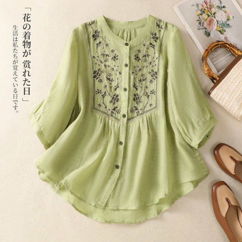 Real shot 2025 summer new cotton and linen literary retro embroidery stand-up collar single-breasted shirt embroidered top women