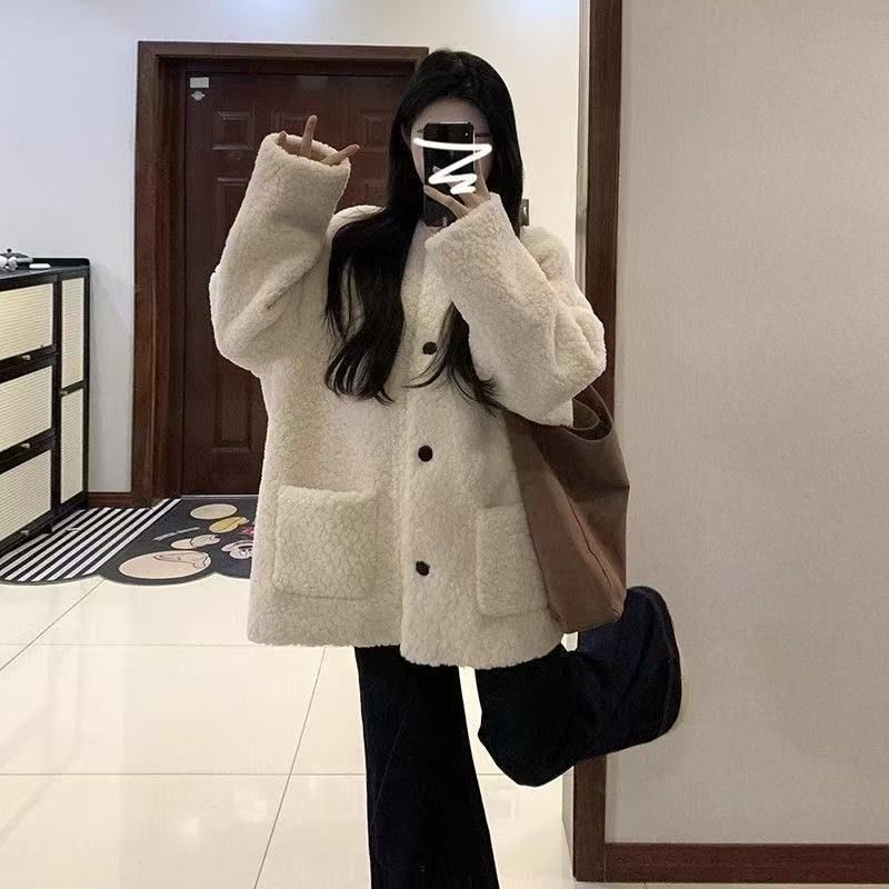 Small fragrant imitation lamb plush coat women's 2025 new popular autumn and winter Korean velvet thickened top