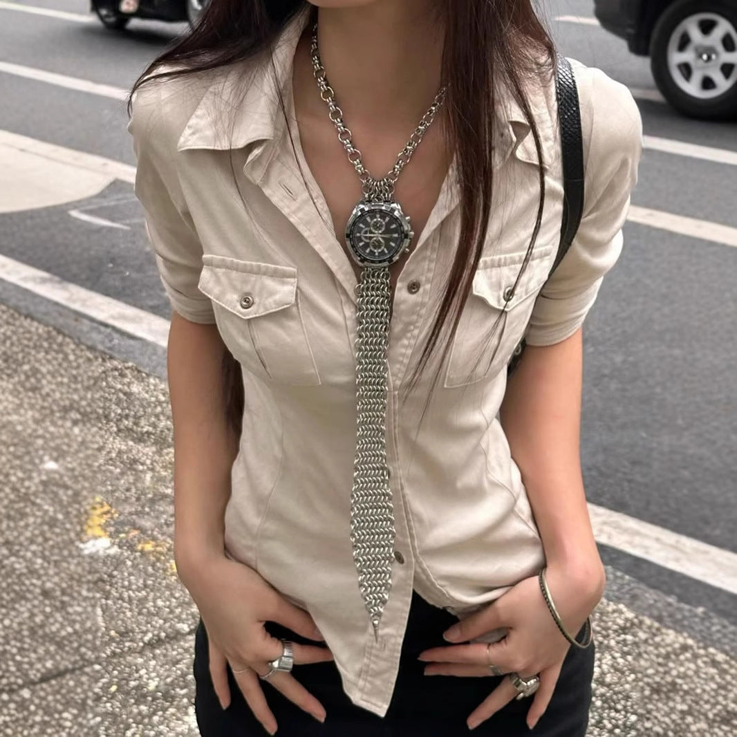 Love cloth forget imperial sister wind lapel collar tooling pocket simple long-sleeved shirt design waist line slim-fitting knitted top