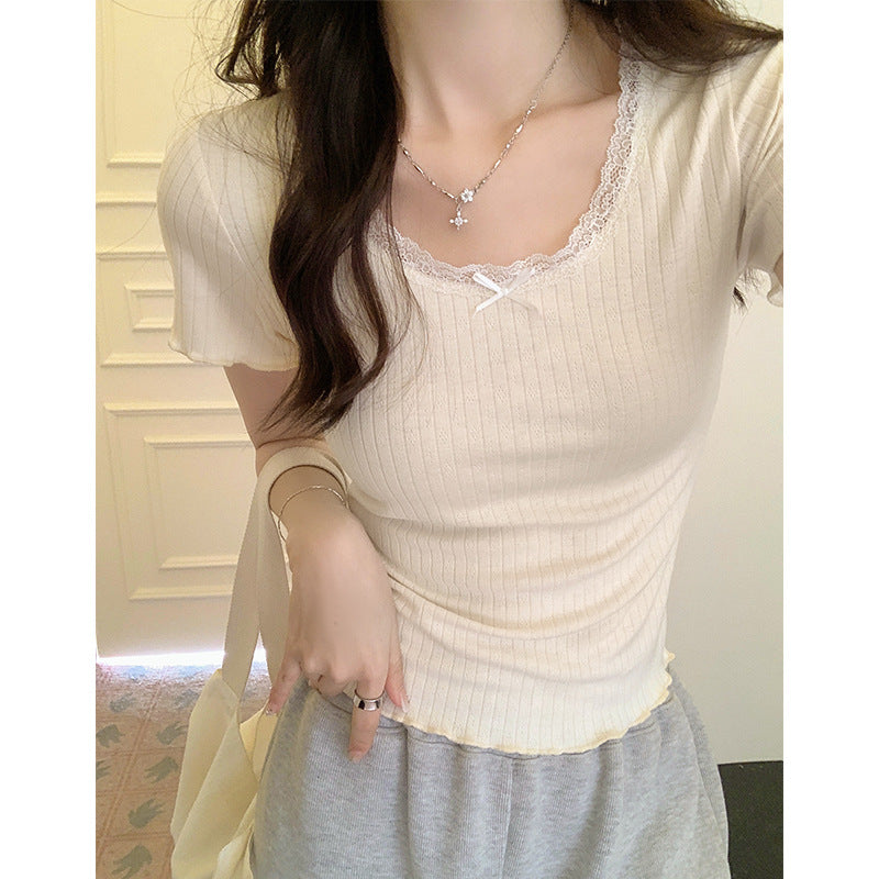 Ballet style pure lace U-neck T-shirt women's 2026 summer new retro short-sleeved curled edge bottoming shirt top