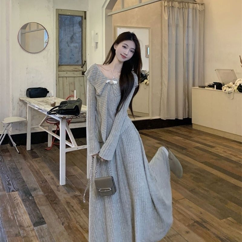 French suit irregular temperament knitted top high waist skirt women's spring and autumn two-piece set high sense thin