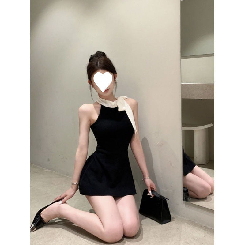 French black sleeveless dress women's summer new super fairy temperament bow slim short skirt waist small black dress