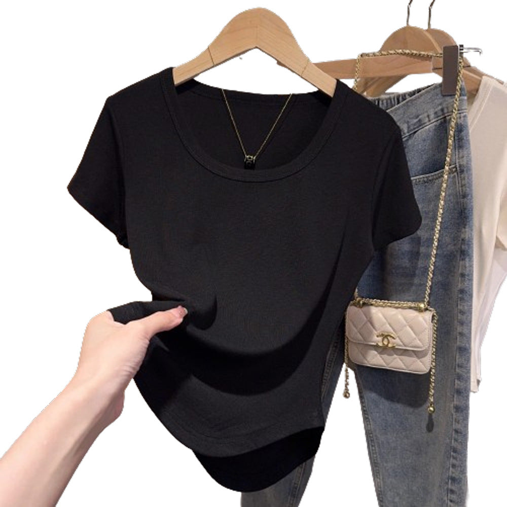 Black versatile low-neck short-sleeved T-shirt women's curved hem threaded bottoming shirt design sense niche foreign U-neck top