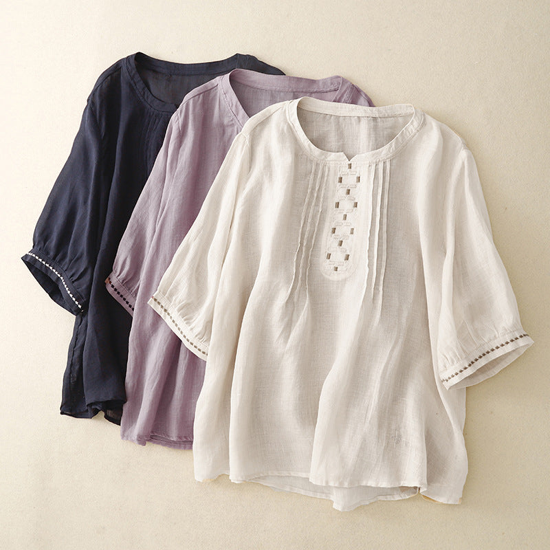 Real shot 2025 new literary and retro age-reducing round neck pleated thin cotton and linen embroidered shirt top women