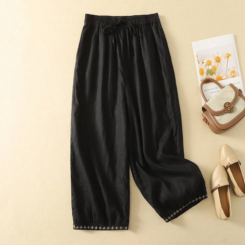 Real shot 2025 summer new cotton and linen retro literary and artistic embroidered bloomers women's lace-up elastic waist loose casual pants