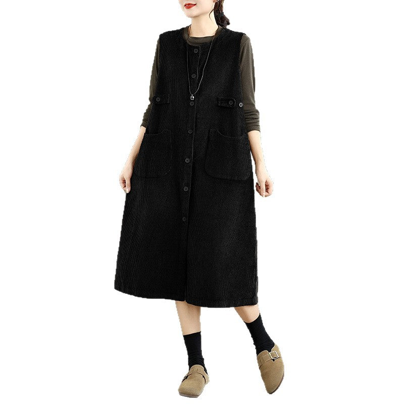 Retro solid color corduroy sleeveless dress women's autumn 2025 new medium and long cardigan vest skirt