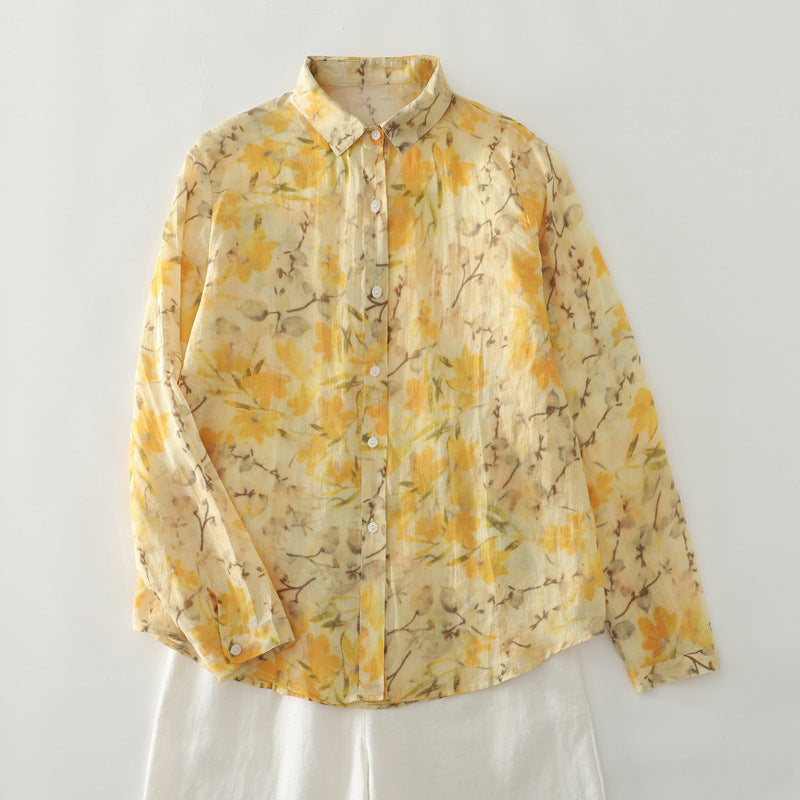 Real shot 2025 autumn new yellow floral French literary loose printing shirt top women