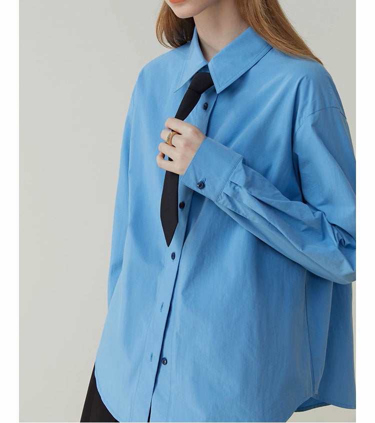 Fanslan Blue Temperament Cotton Long Sleeve Shirt Women's Spring and Autumn French Loose Casual Commuter Top 11190