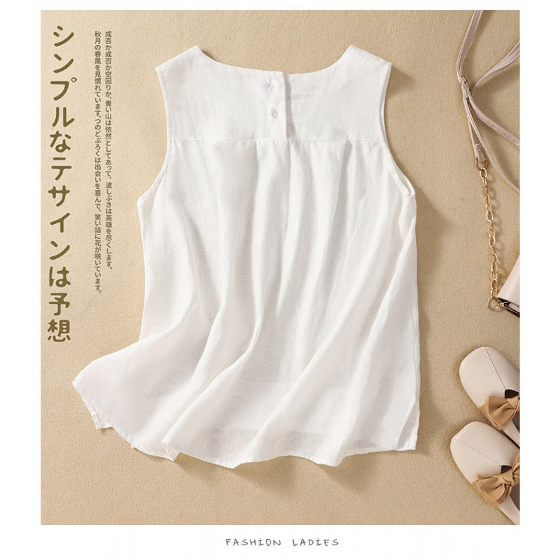 Real shot 2025 summer new literary loose solid color cotton and linen round neck sleeveless T-shirt women's vest top 9288 #