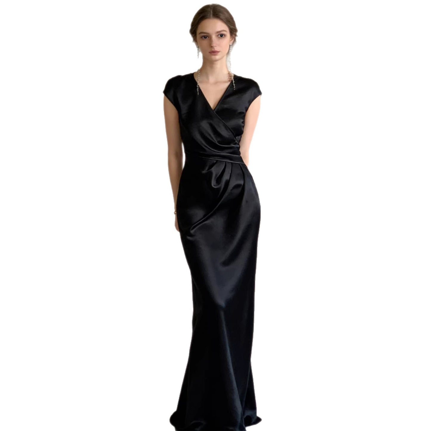 Haute couture French high-end feeling daughter feeling expensive feeling temperament satin overlapping V-neck summer waist thin fishtail dress