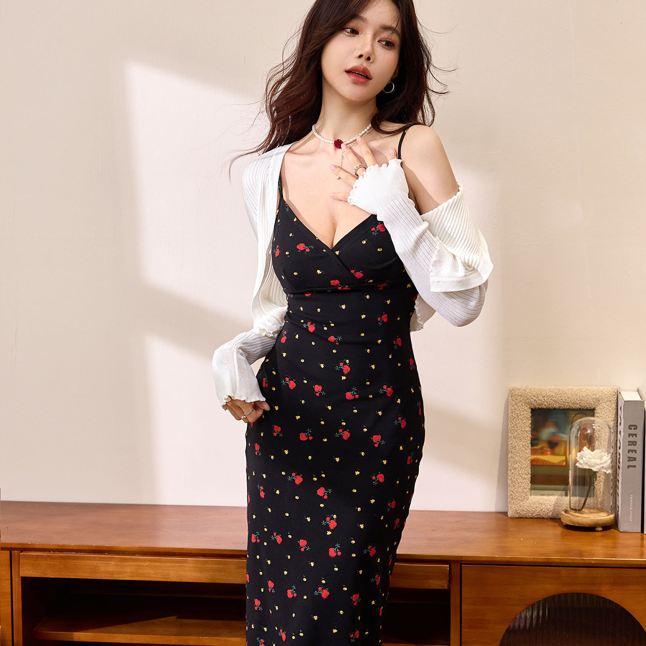 #260G combed pure cotton #rose print U-neck suspender dress women's summer 2026 new slit sexy long dress