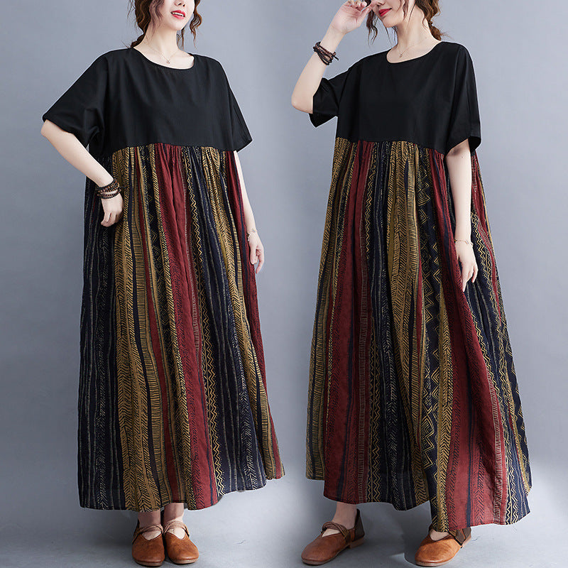 Real shot 2024 summer new literary large size loose cotton and linen printing short-sleeved dress women's long dress 9107 #