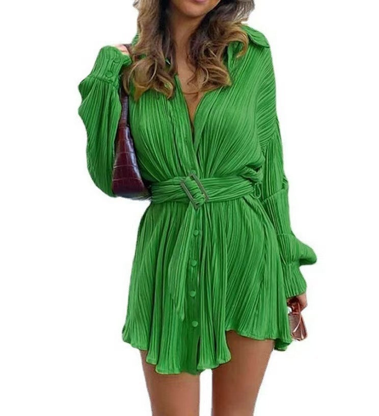 Cross-border Amazon 2025 Women's New Shirt Collar Fashion Women's Elastic Waist Pleated Long Sleeve Lace-Up Dress