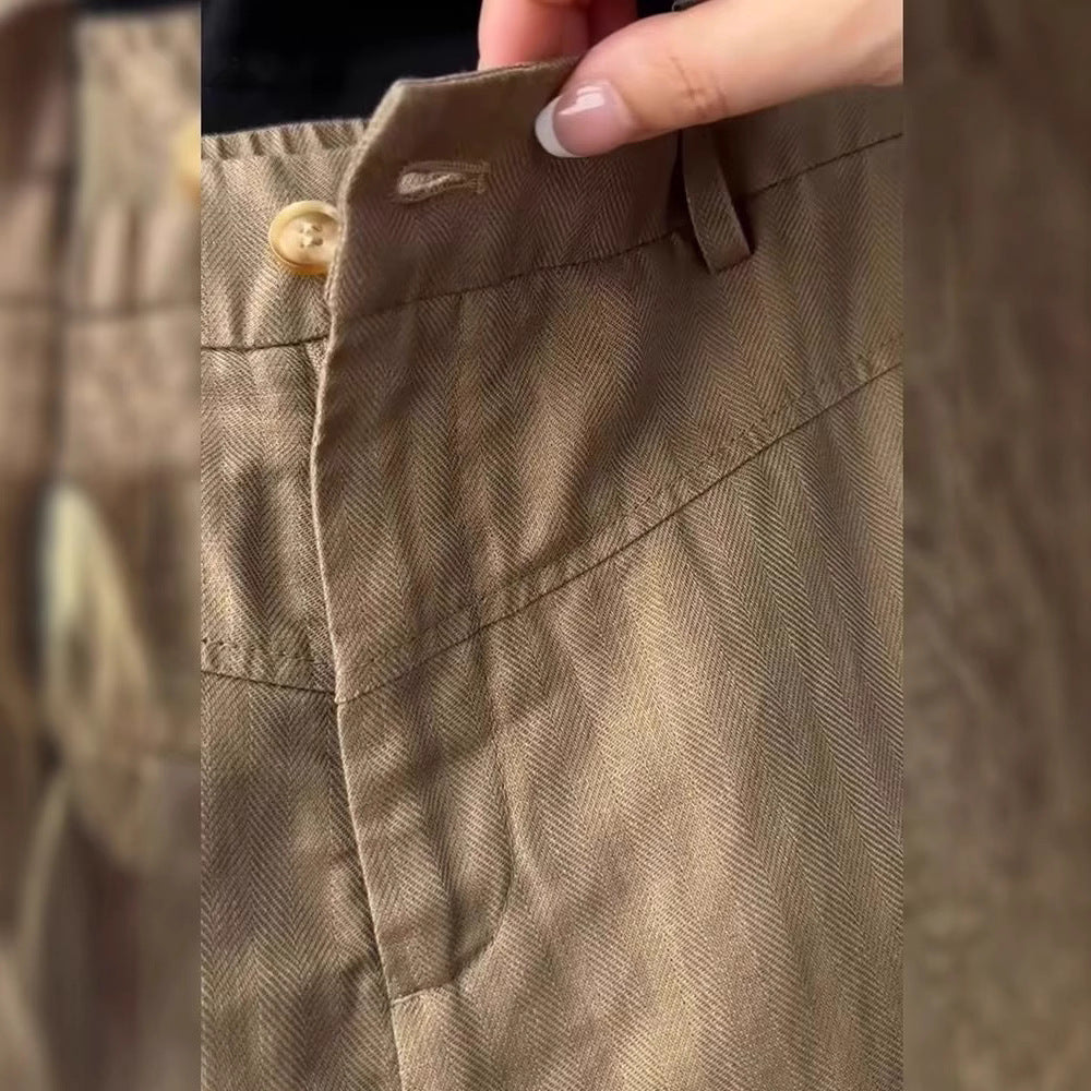 This year's popular lazy style high-waisted wide-leg pants children's summer brown Tencel linen loose and comfortable casual pants