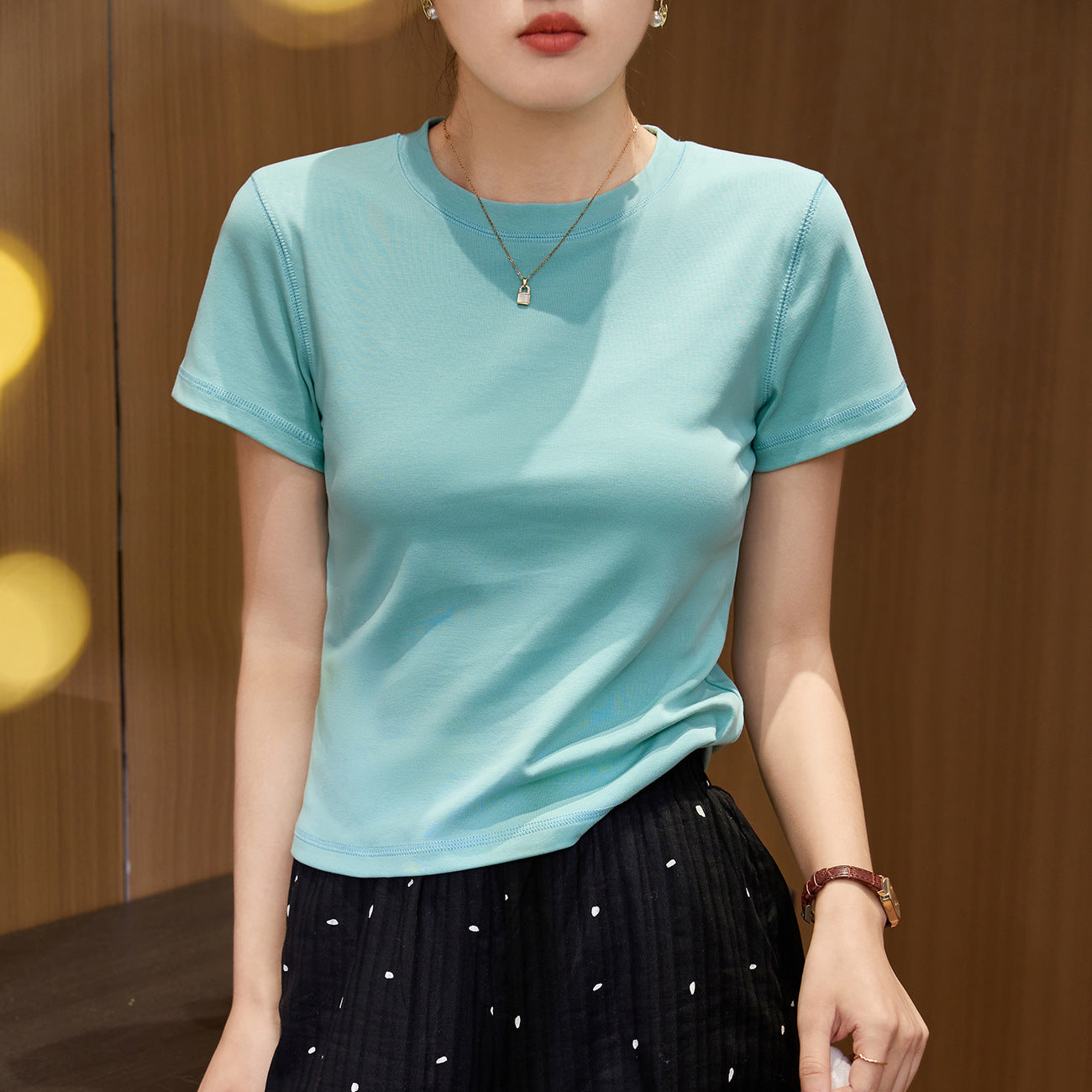 Flower needle thread 230g combed cotton T-shirt women's summer new short-sleeved foreign style round neck front shoulder casual versatile top