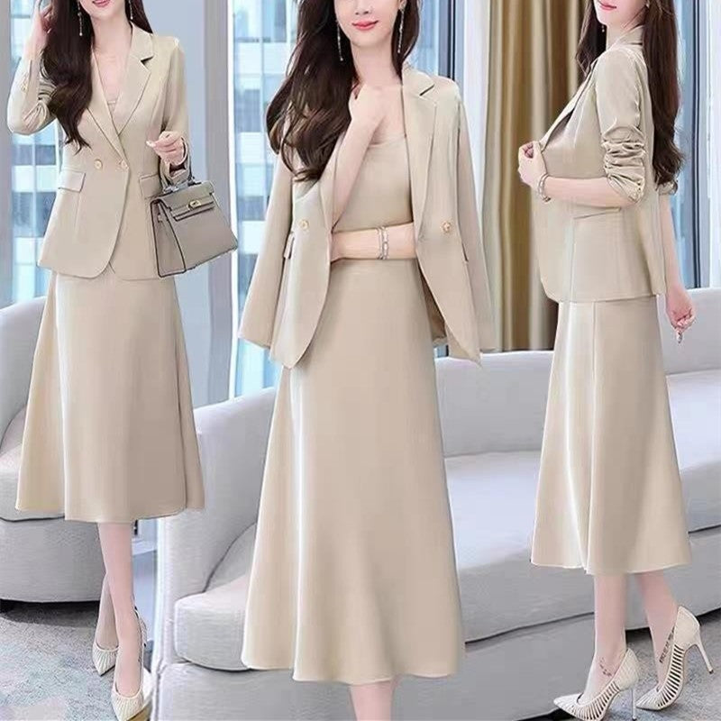 American medium and long suit suspender dress set women's new Xiaoxiangfeng elegant temperament large size two-piece skirt