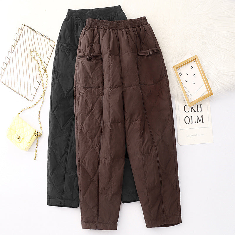 Real shot 2025 winter new retro national style buckle solid color cotton pants thickened warm women's casual pants