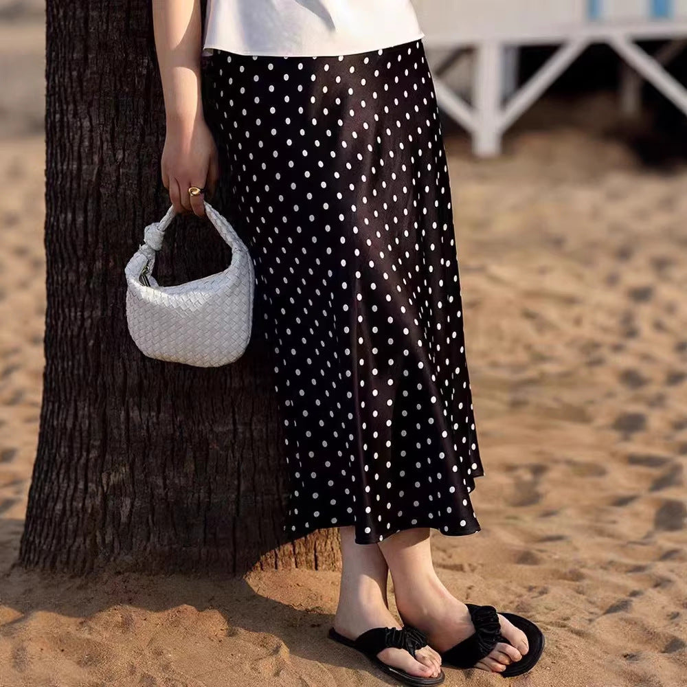 Japan imported triacetic acid polka dot skirt women's spring and summer A-shaped version short skirt small long hip A-shaped skirt