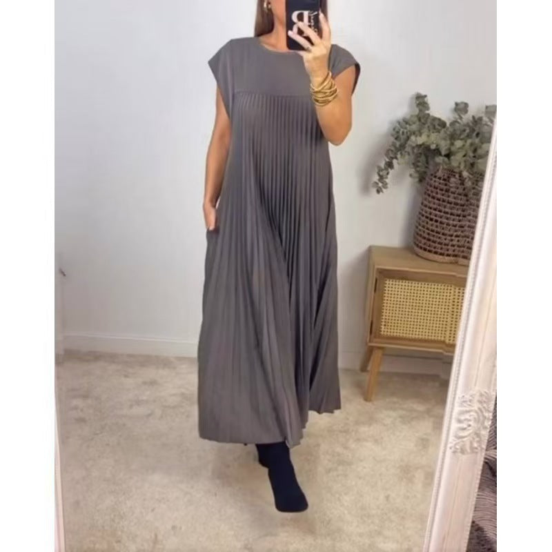 2025 new holiday style Amazon cross-border fashion round neck sleeveless pleated dress women's long dress